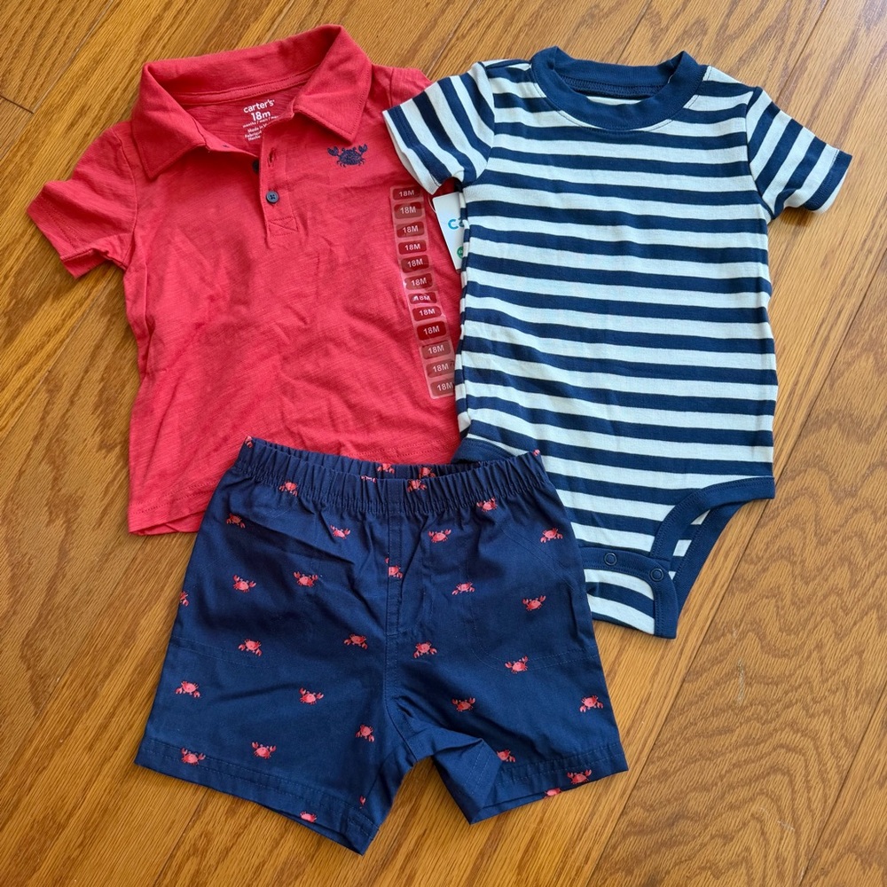 Carter's Red Polo, Navy Crab Shorts & Navy/White Striped Bodysuit Set 18 months